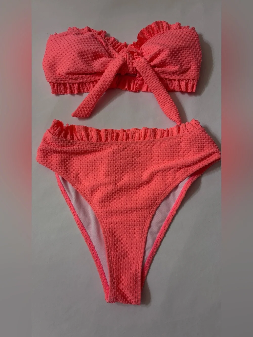 SHEIN Coral Pink Textured Tie-Front High-Waist Bikini